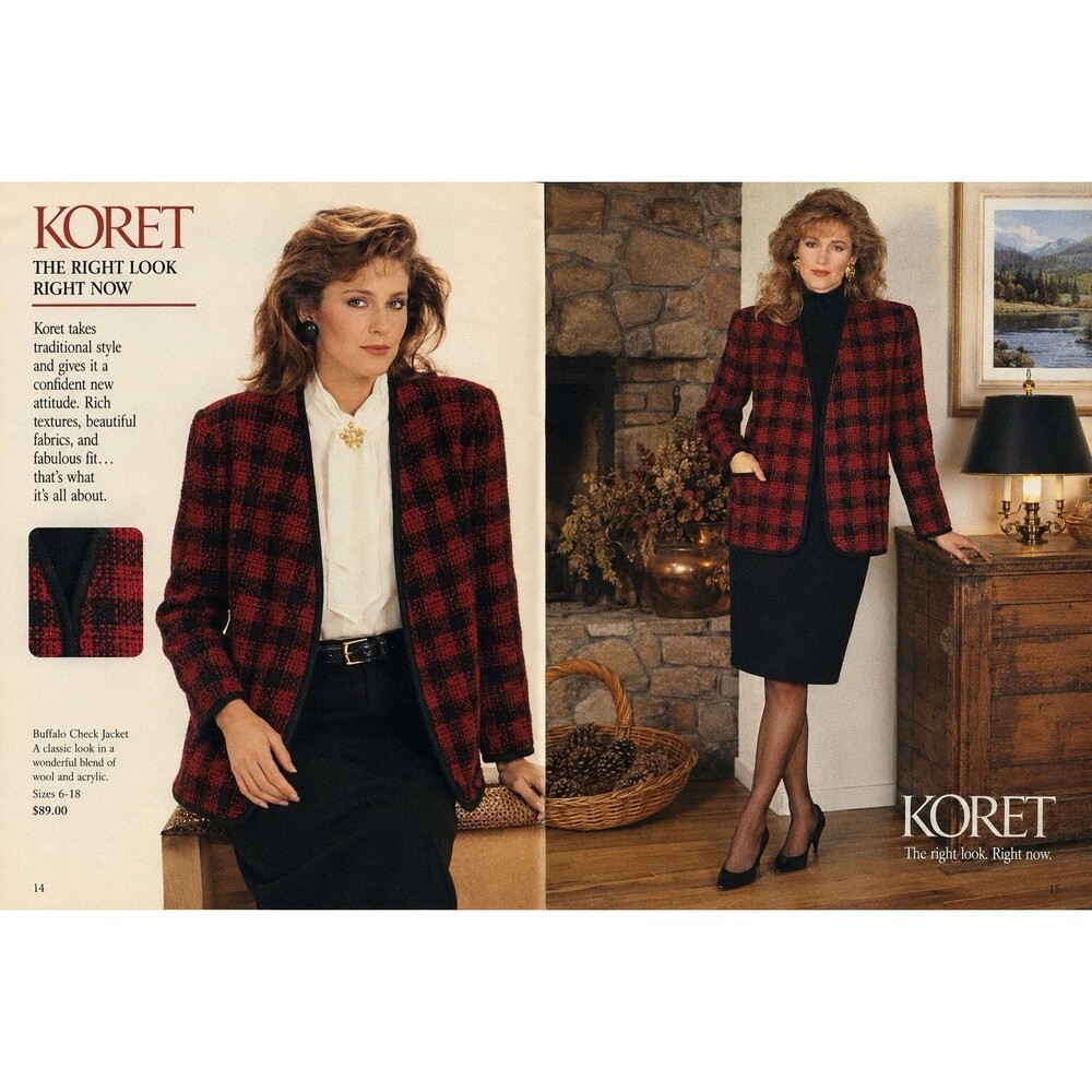 EUC VTG Koret Red Black Buffalo Plaid Open Blazer Jacket Wool Blend 18 Old Money